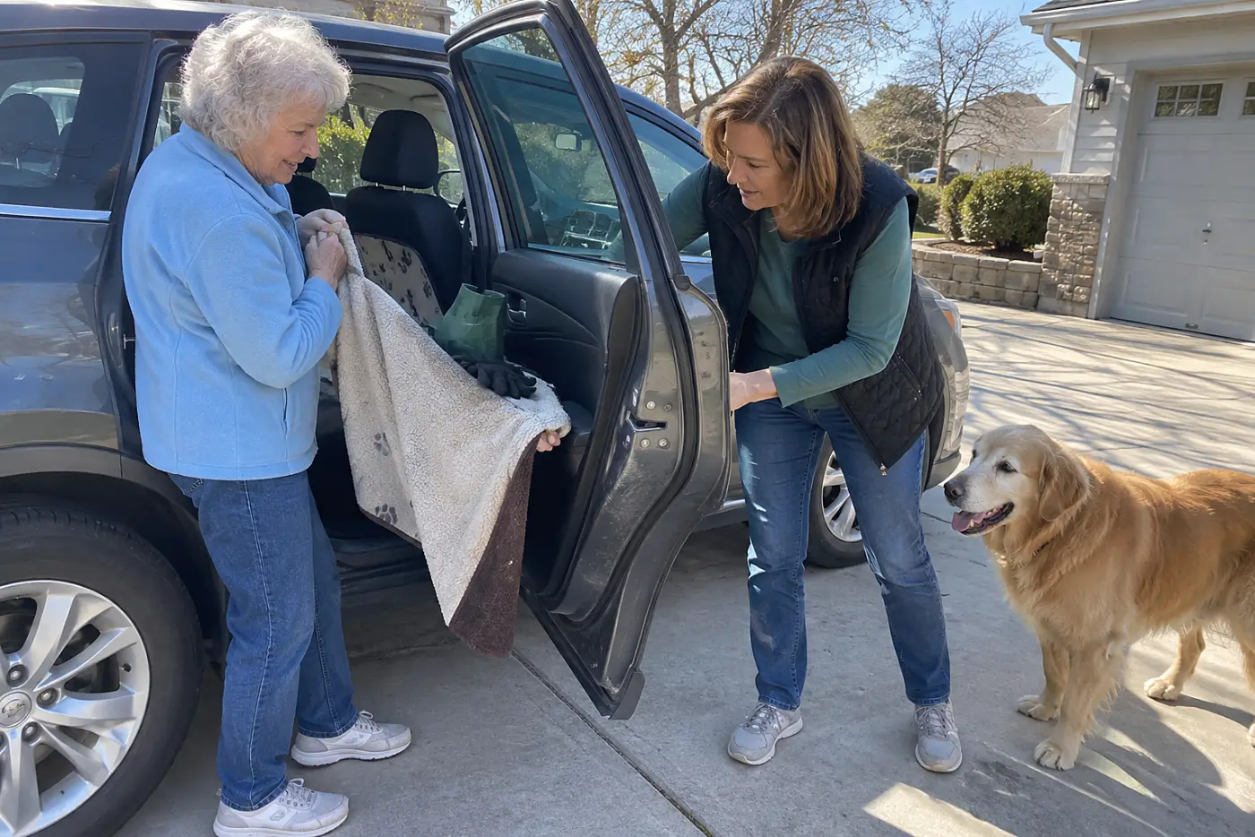 An older woman lifts a dog blanket from the back seat of her parked car.