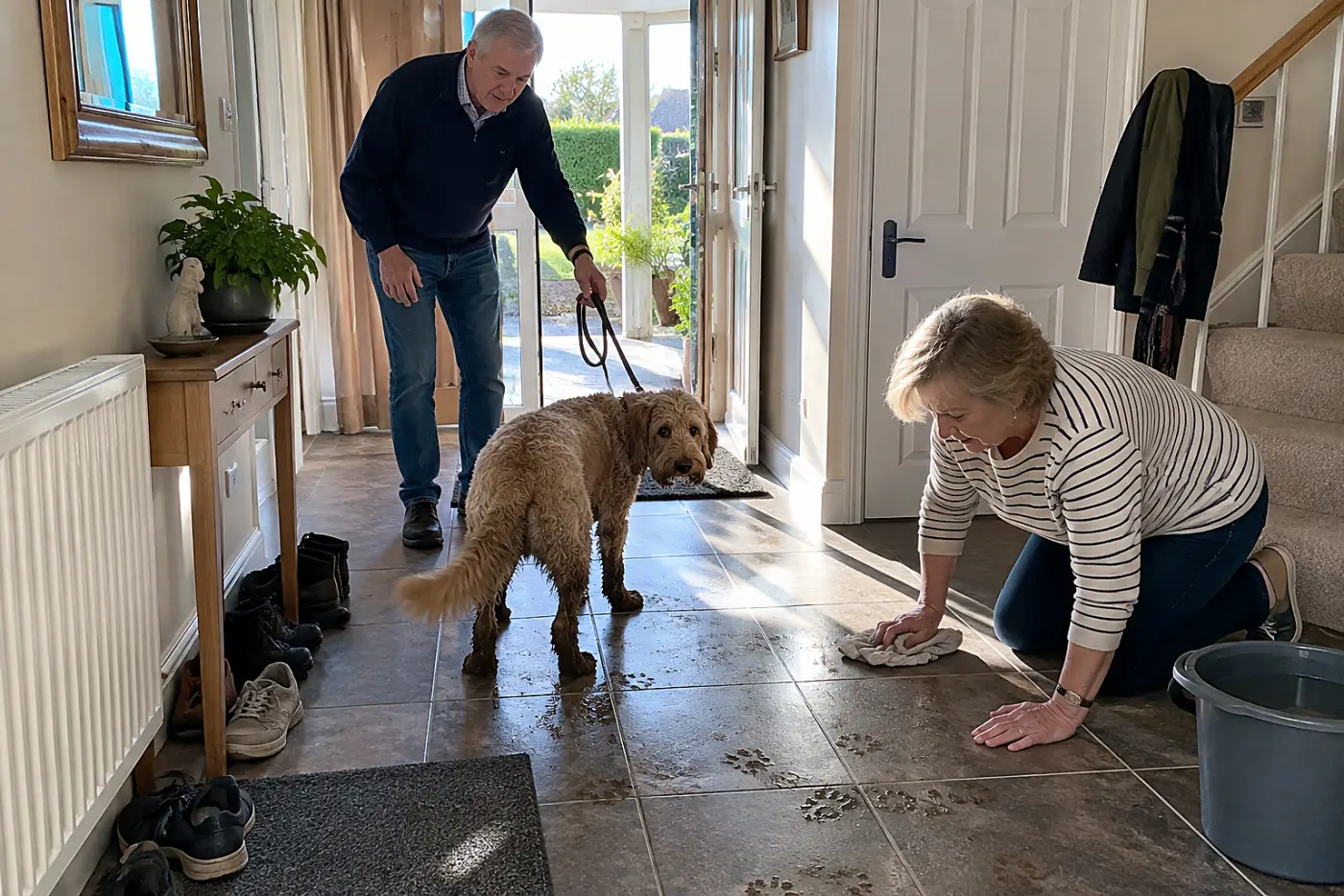 An older woman wipes muddy paw prints from a tiled hallway floor.