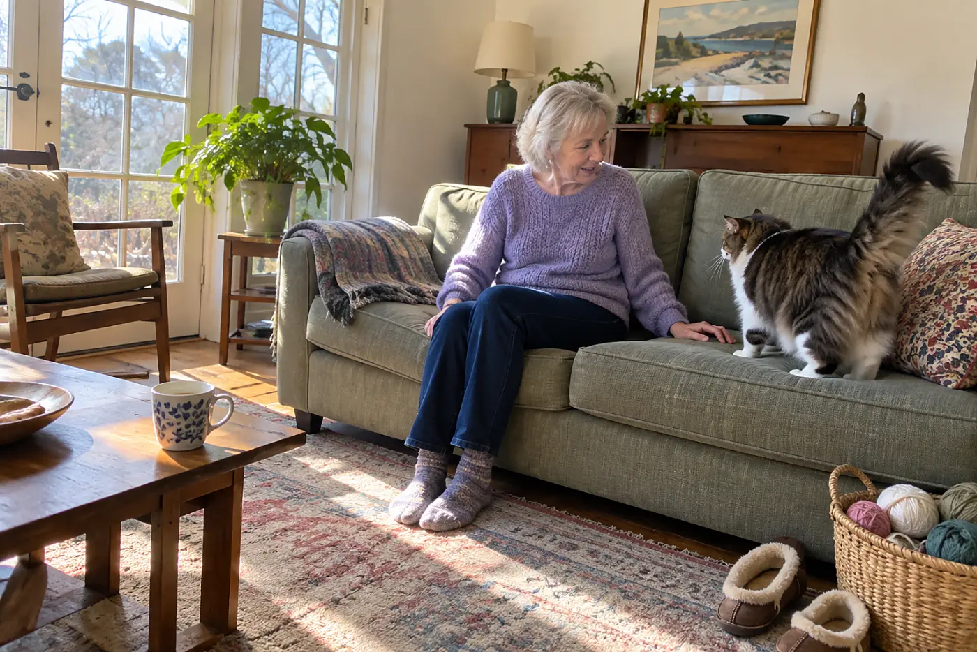 An older woman rests her hand on an empty space beside her on the living room sofa.