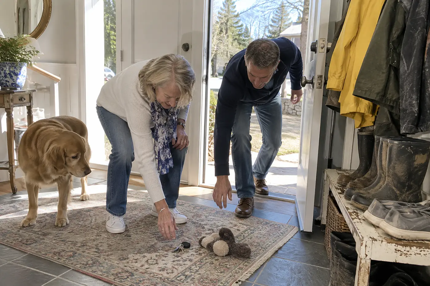 An older woman puts down her keys beside a dog toy in her entryway.