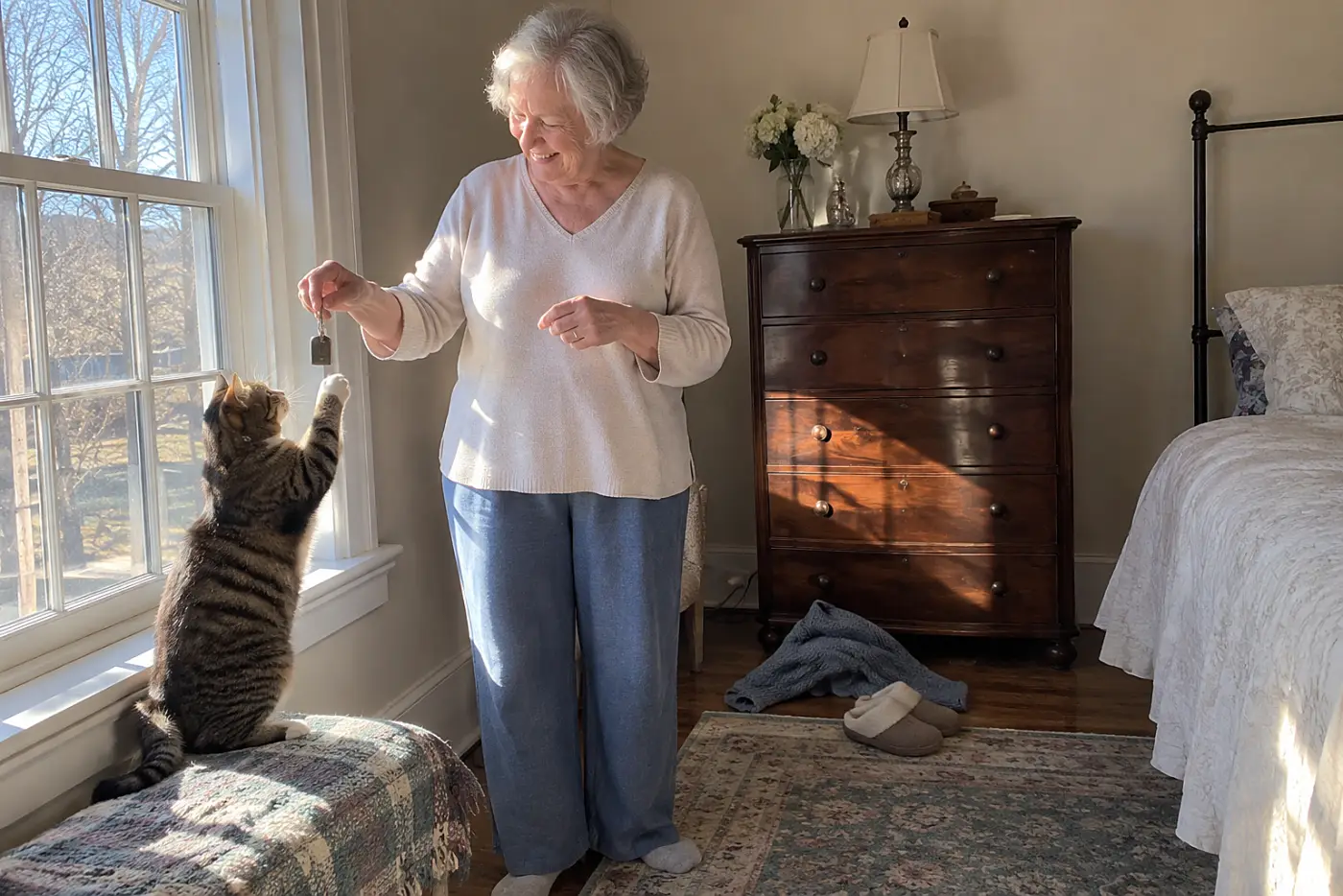 An older woman holds a dog tag near her bedroom window.