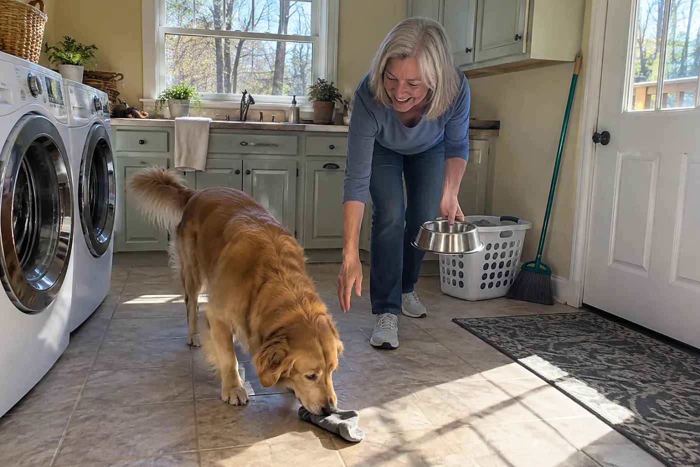 An older woman places a dog bowl on the laundry room floor.
