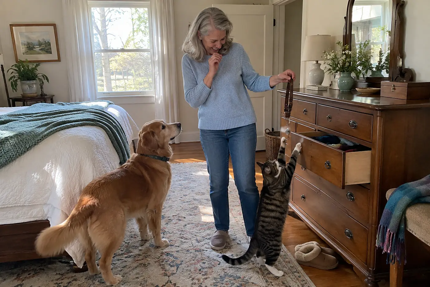 An older woman takes a dog collar from a dresser drawer.