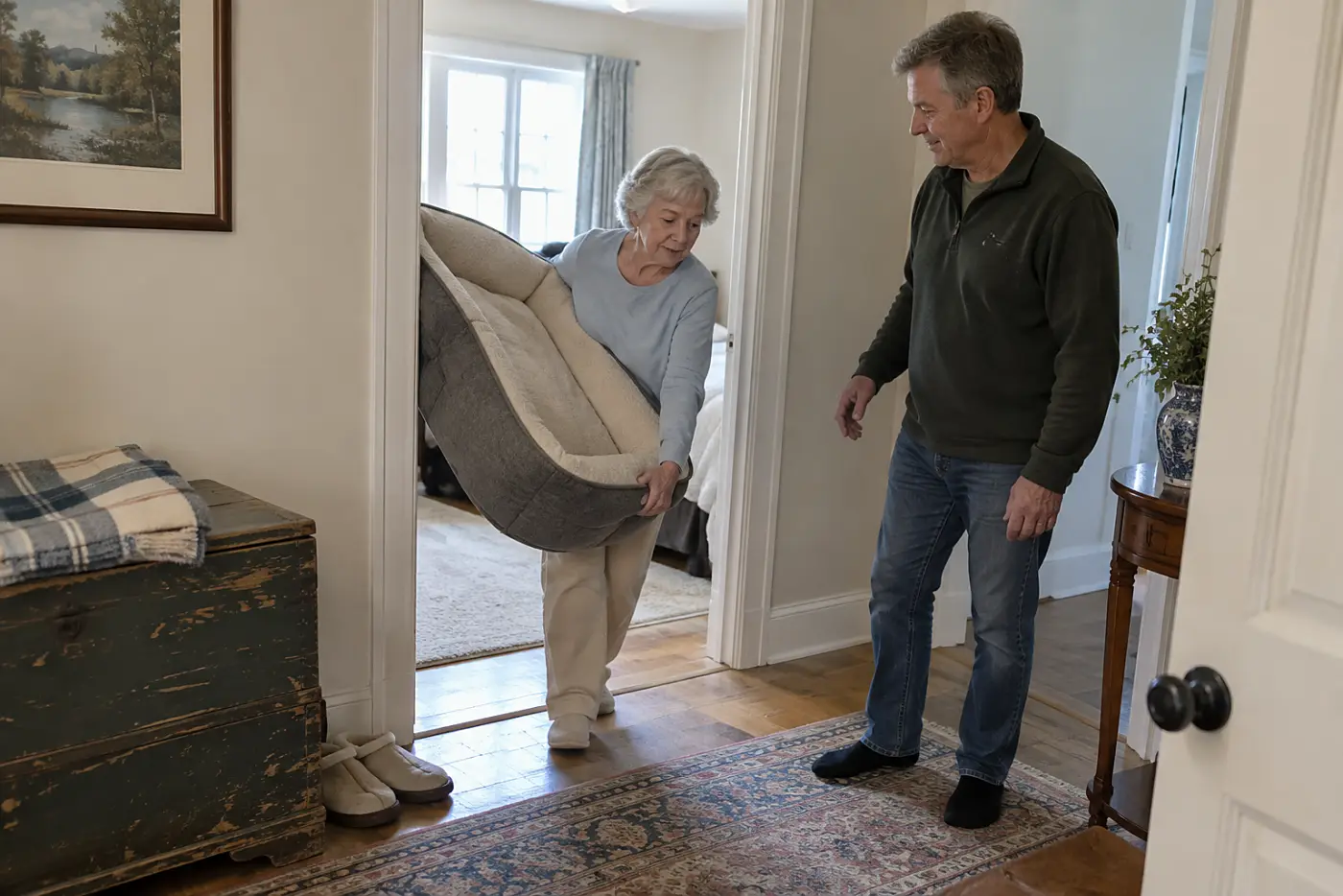 An older woman carries a dog bed to a downstairs bedroom.