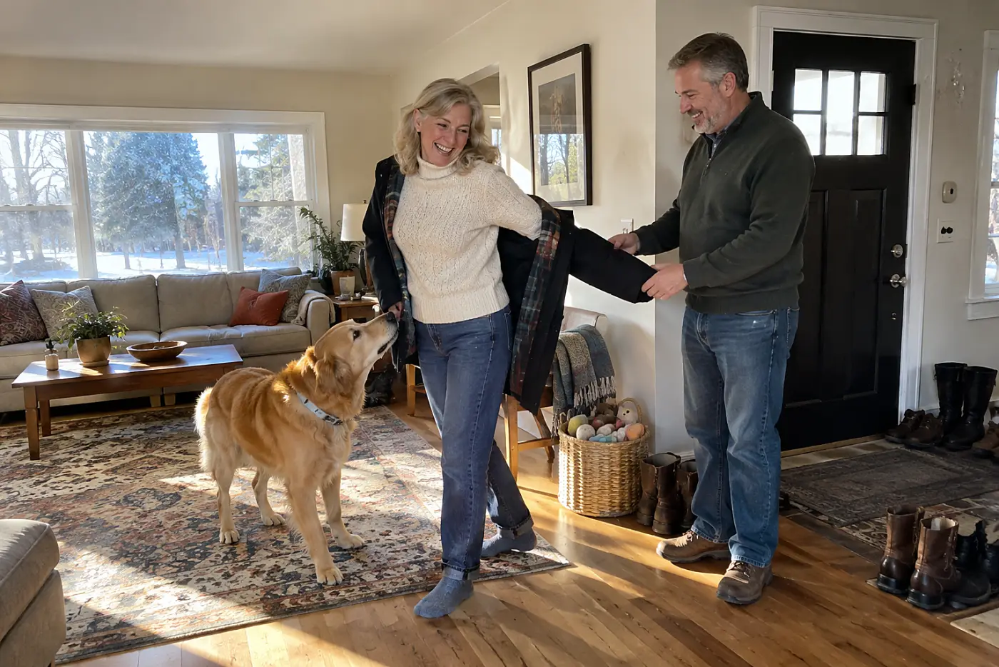 An older woman takes off her coat beside a dog in her living room.