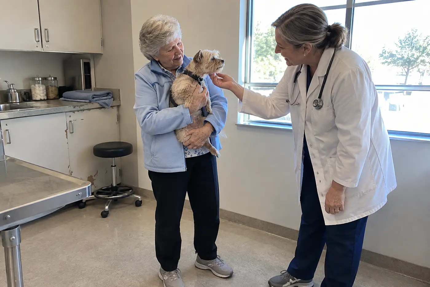 An older woman holds her dog in a veterinary exam room.