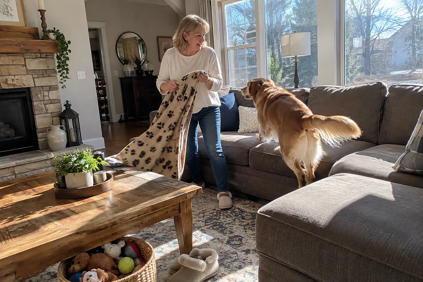 An older woman lifts a dog blanket from the living room couch.