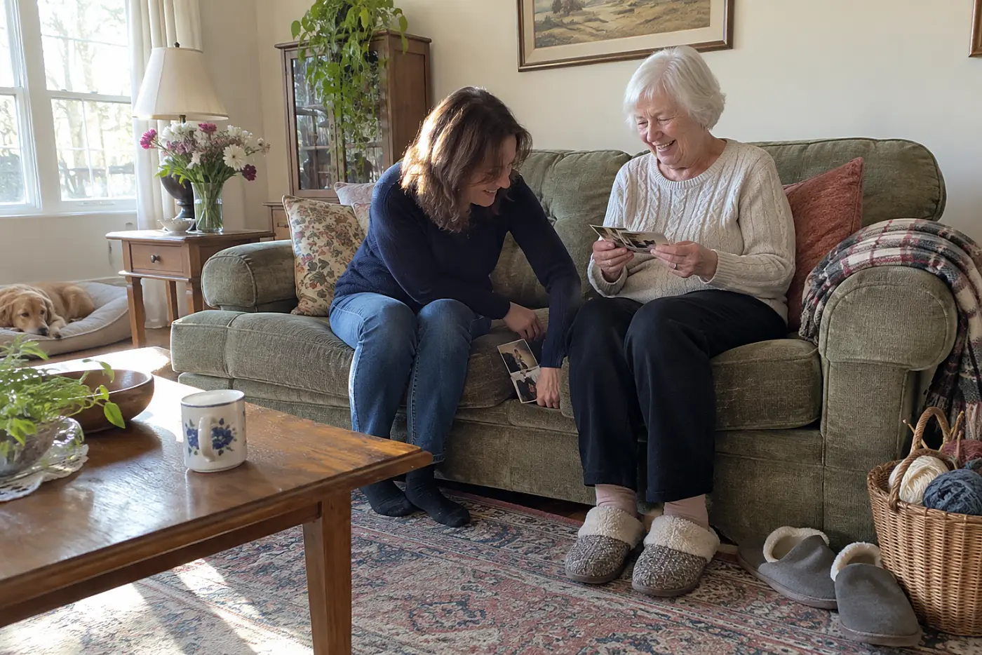 An older woman looks at family photographs with her adult daughter on a living room sofa.