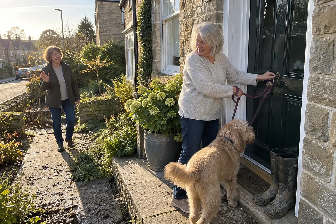 An older woman unlocks her front door with a dog leash in her hand.