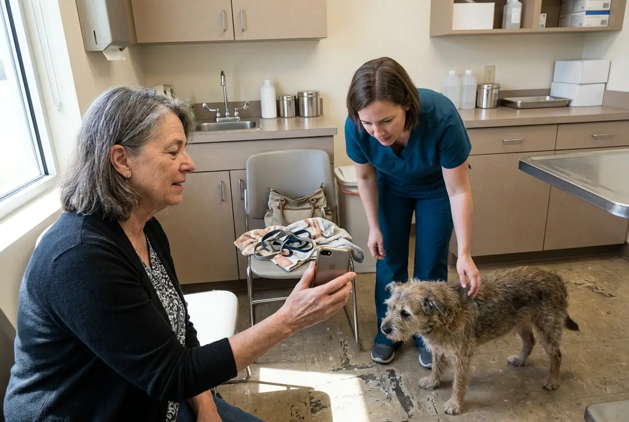 An older woman shows a veterinarian a video of her dog pacing in an exam room.