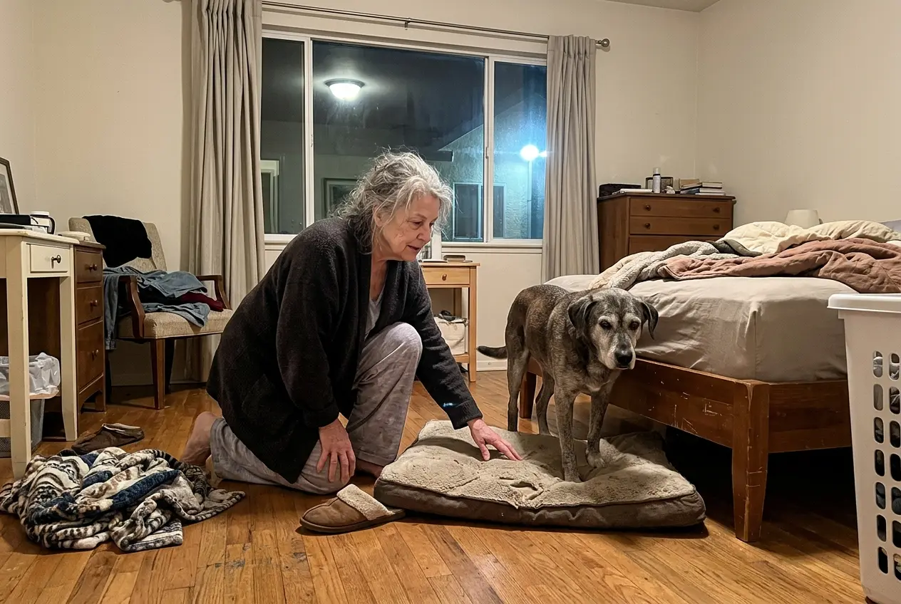 An older woman kneels beside her dog as he stands next to his bed at night.