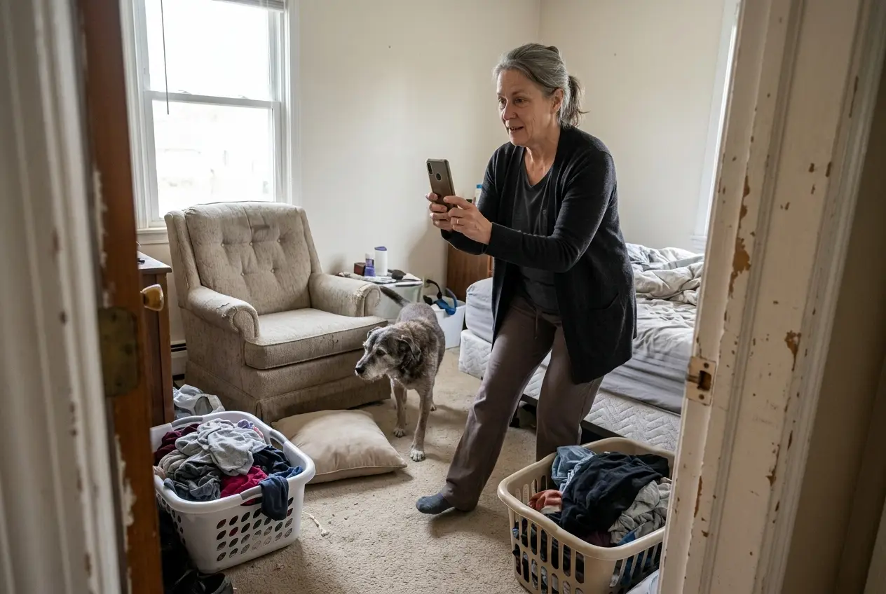 An older woman records her dog’s unusual wandering from the bedroom doorway.