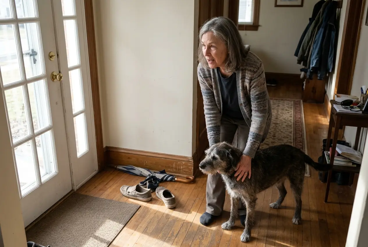 An older woman steadies her unbalanced dog in the front hallway.