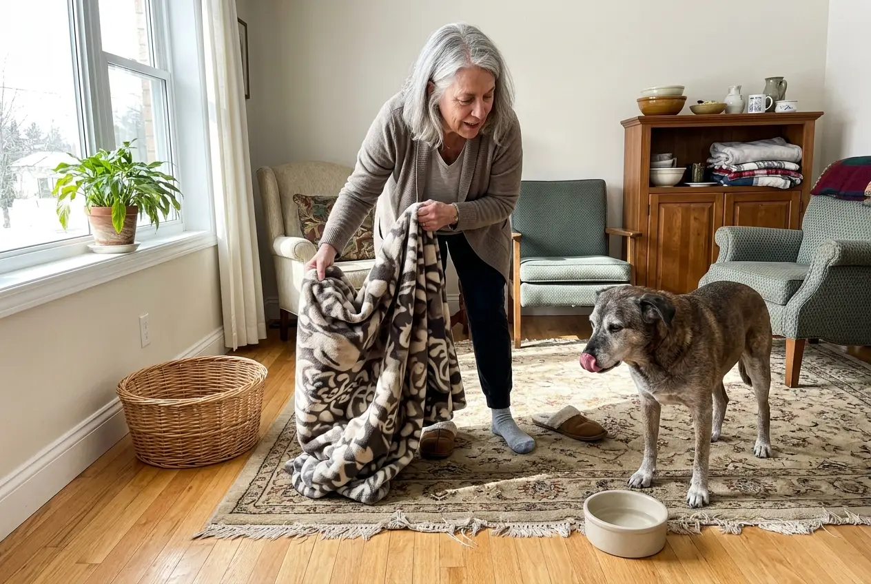 An older woman watches her dog lick his lips beside the living-room rug.