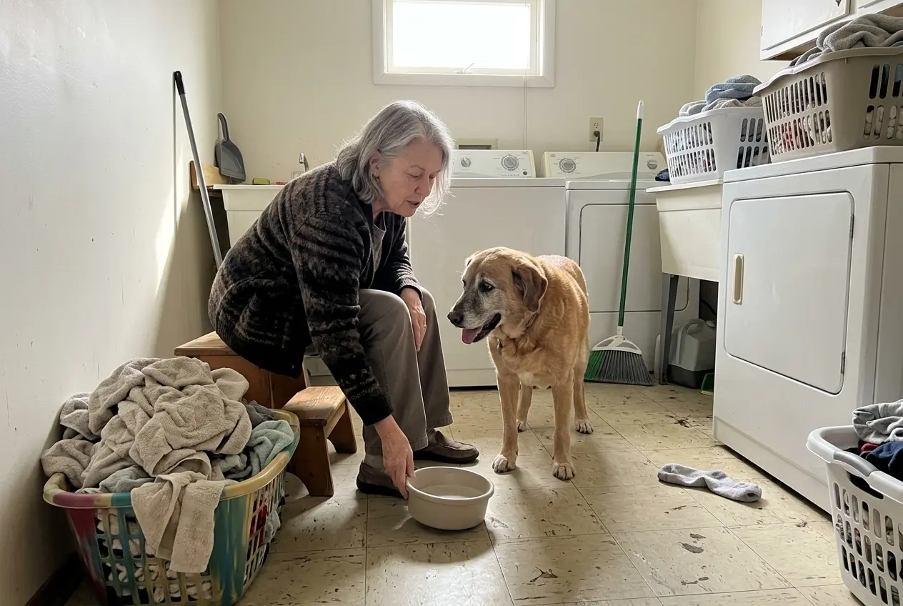 An older woman sits beside her panting dog near the laundry-room water bowl.
