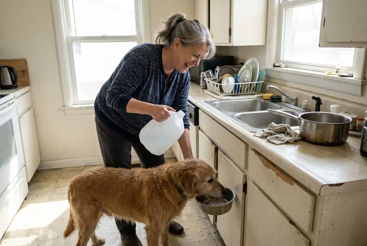 An older woman refills her dog’s water bowl beside the kitchen sink.