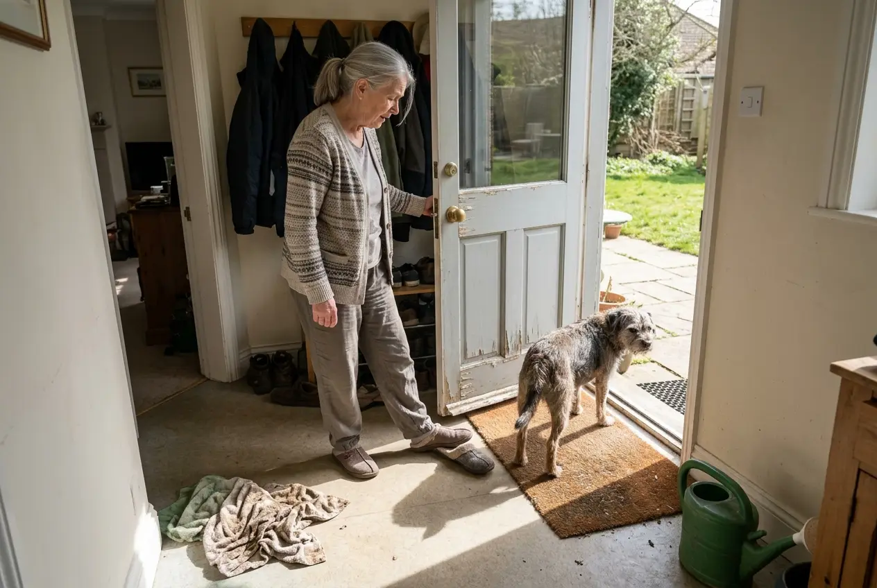 An older woman holds open a back door while her dog waits to go outside again.