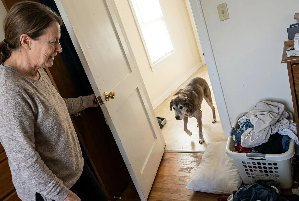 An older woman opens her bedroom door to a dog pacing in the hall.