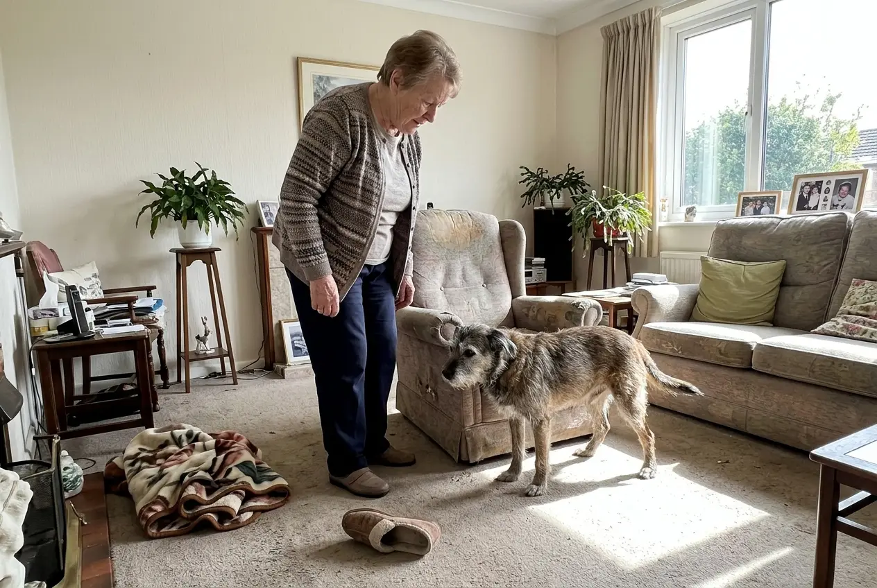 An older woman watches her dog hesitate beside a chair in a darkened living room.