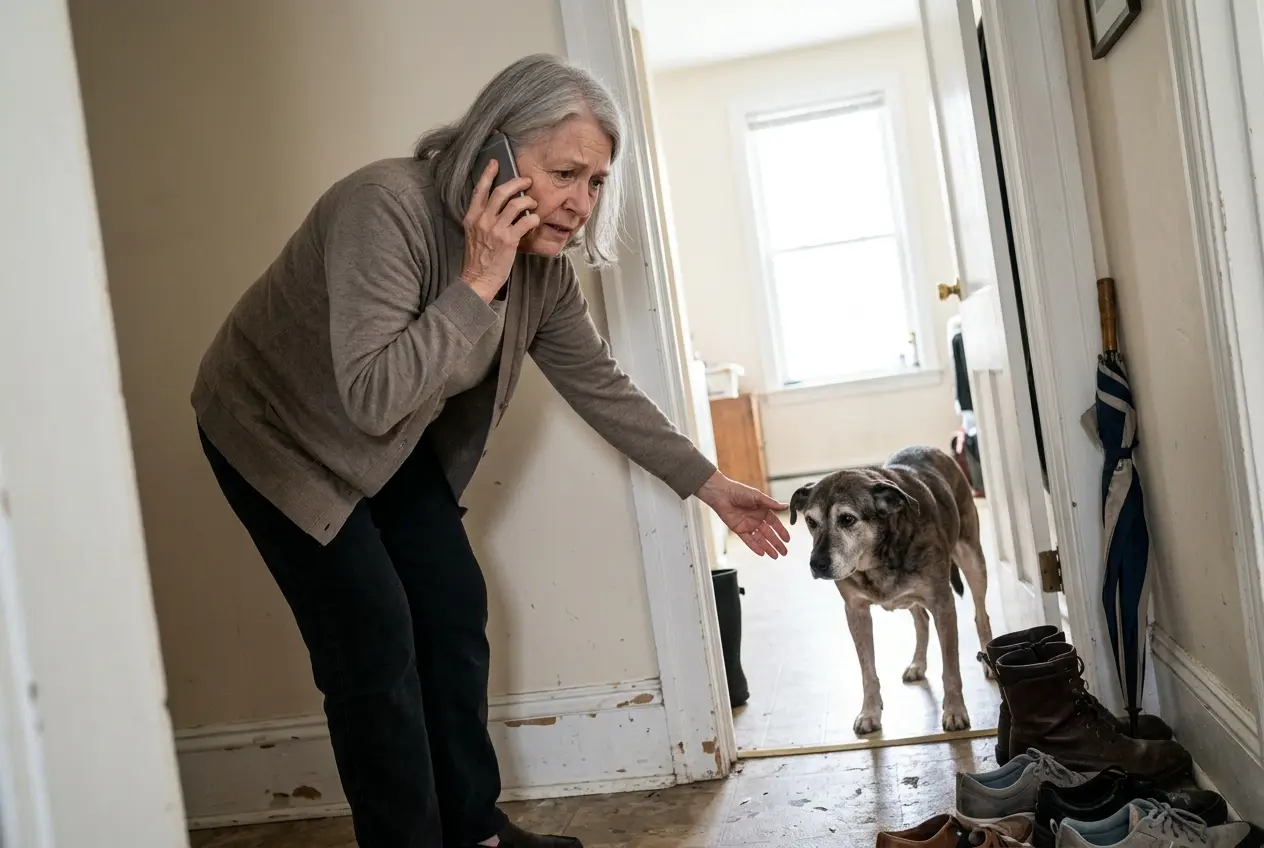 An older woman calls an emergency veterinary clinic while watching her dog in the hallway.