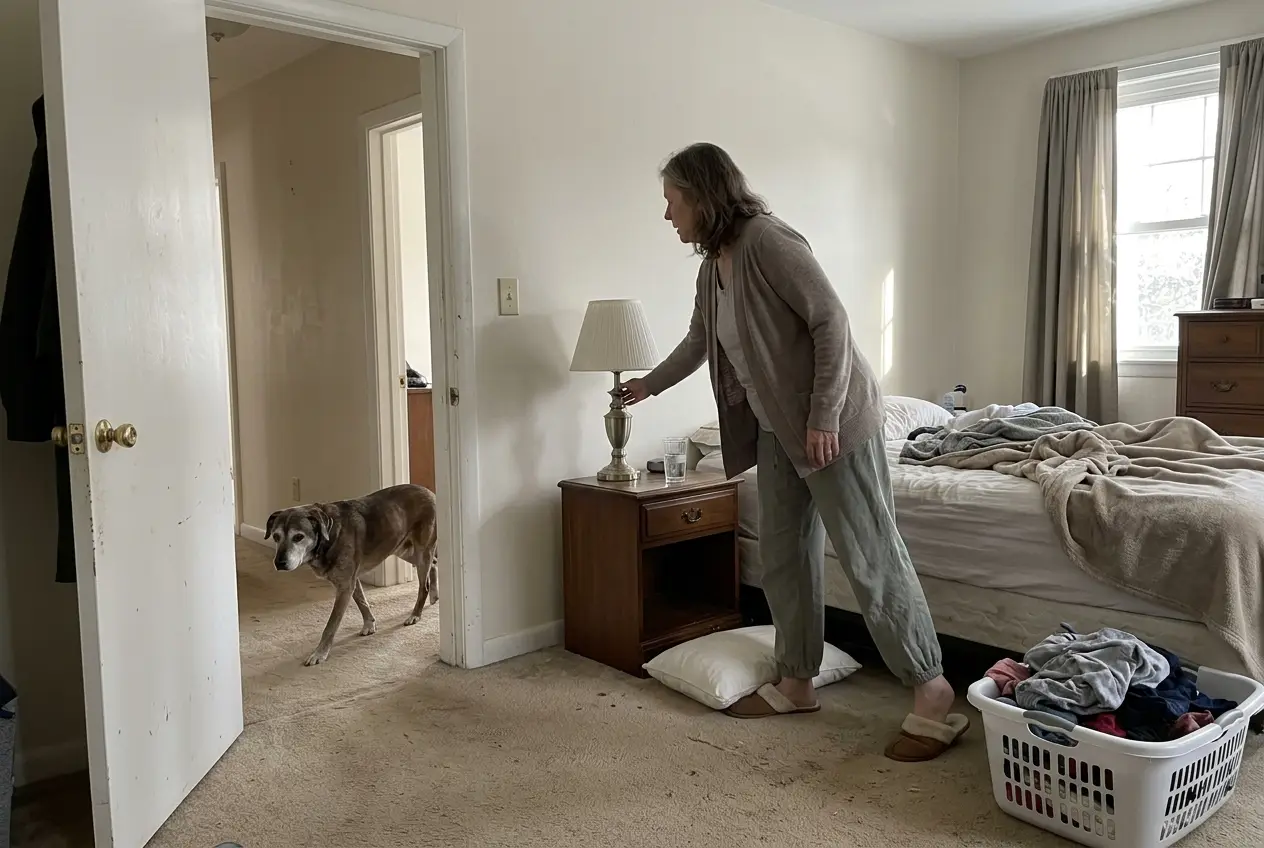 An older woman turns on a bedroom lamp as her dog wanders past the doorway.