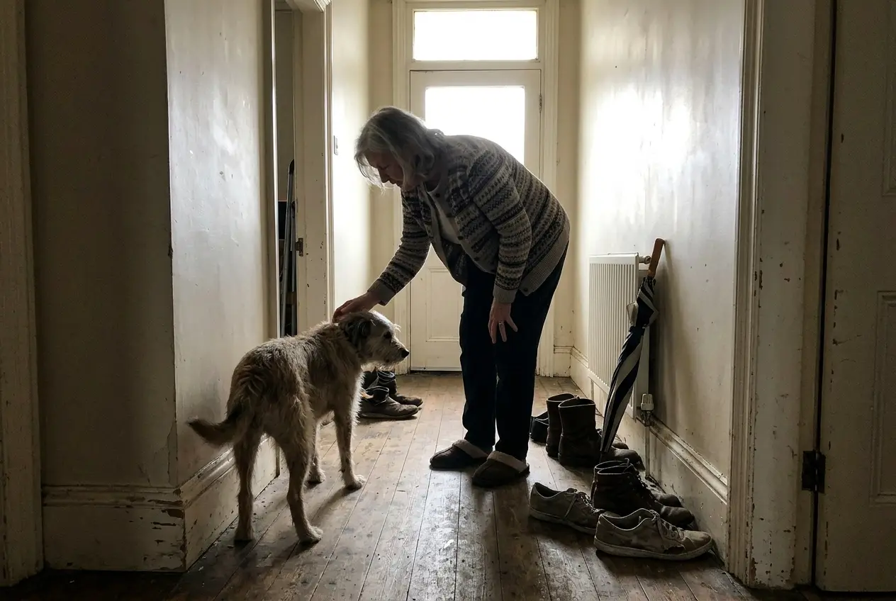 An older woman guides her dog away from a corner in a dim hallway.