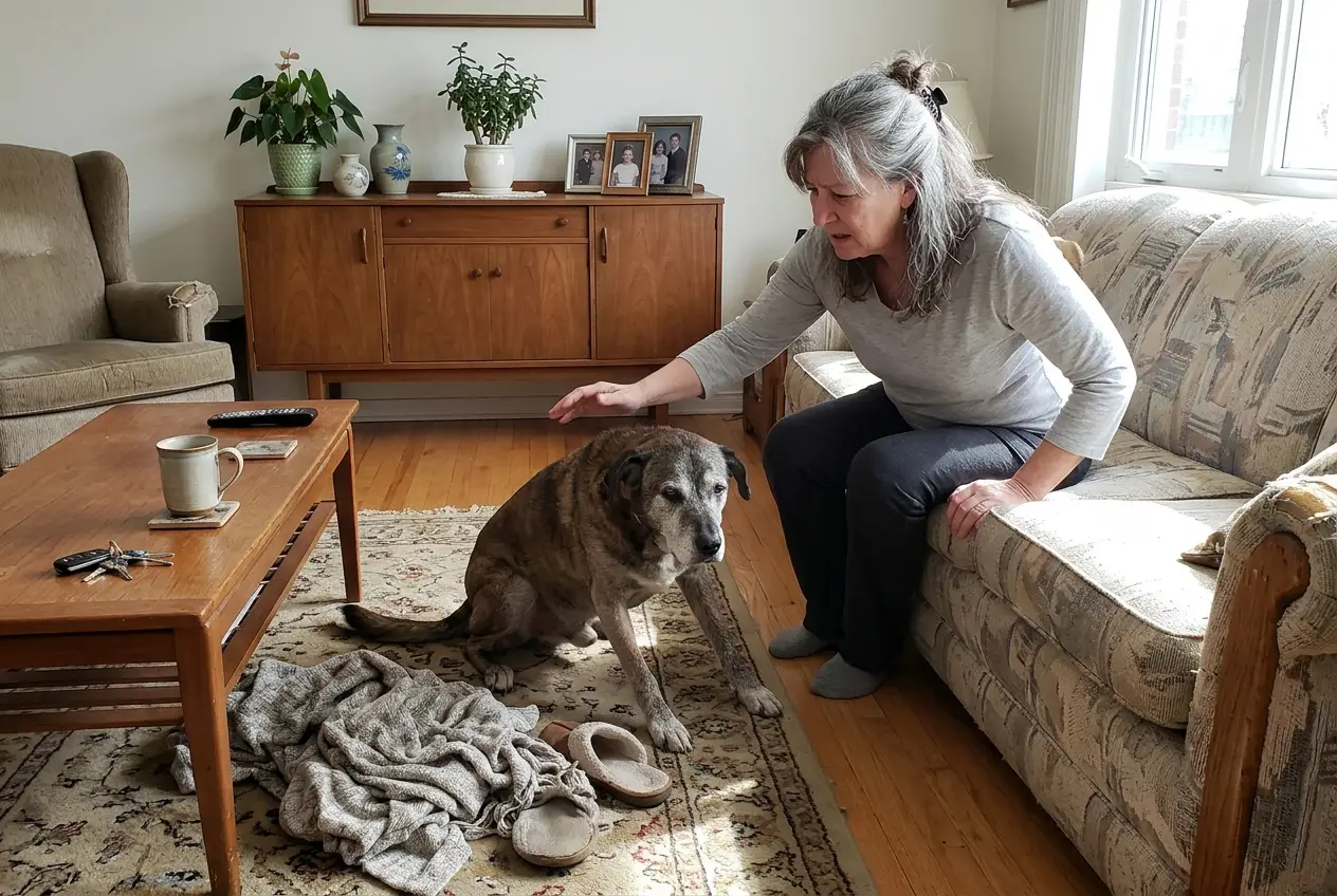 An older woman watches her dog rise stiffly from a rug beside the living-room sofa.