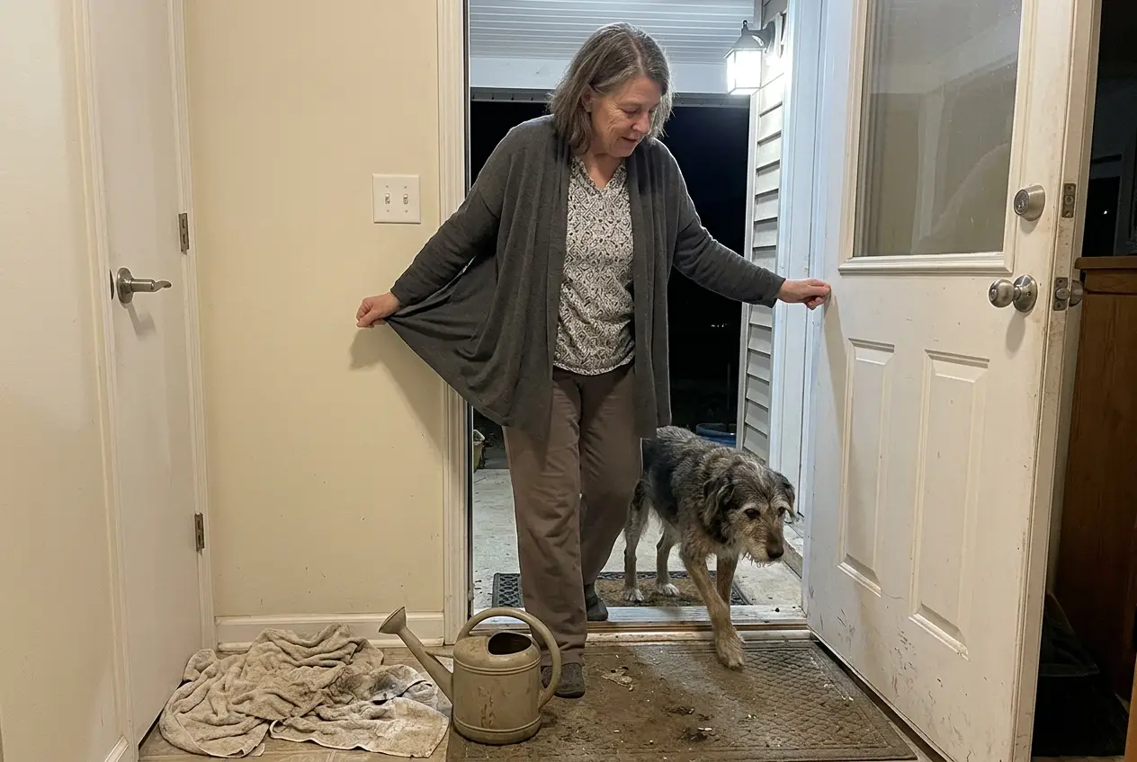 An older woman opens the back door for her dog before dawn.