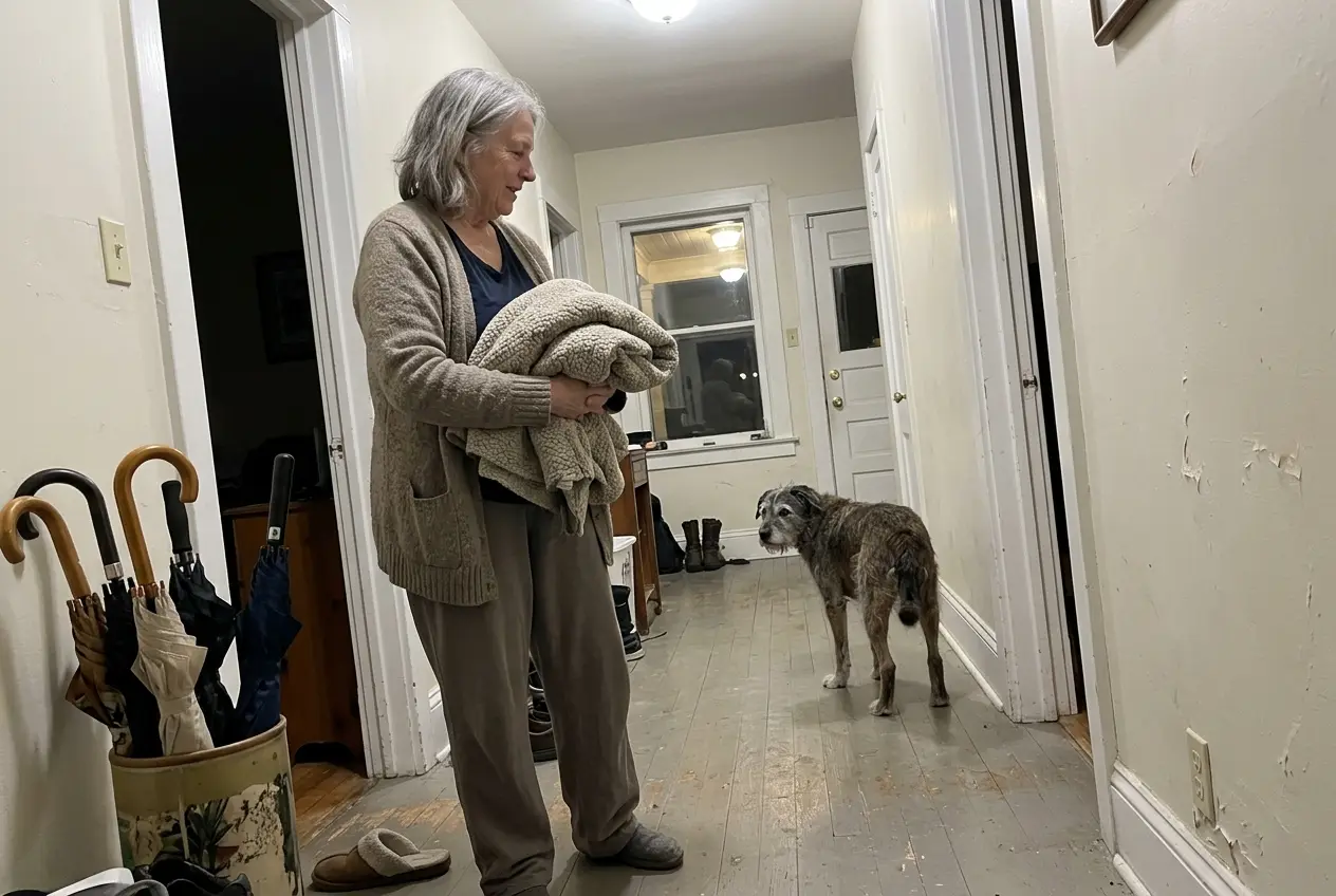 An older woman watches her dog turn around in a familiar hallway at night.