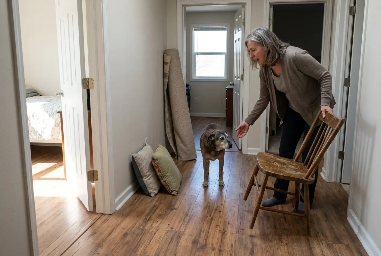 An older woman moves a chair out of her dog’s path in the guest-room hallway.
