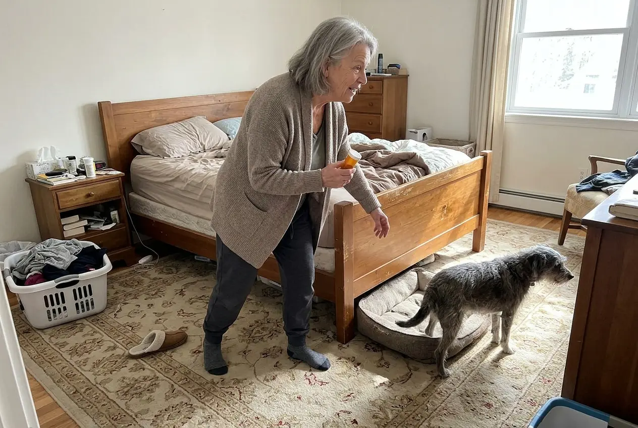 An older woman holds her dog’s medication container beside his bed in the bedroom.