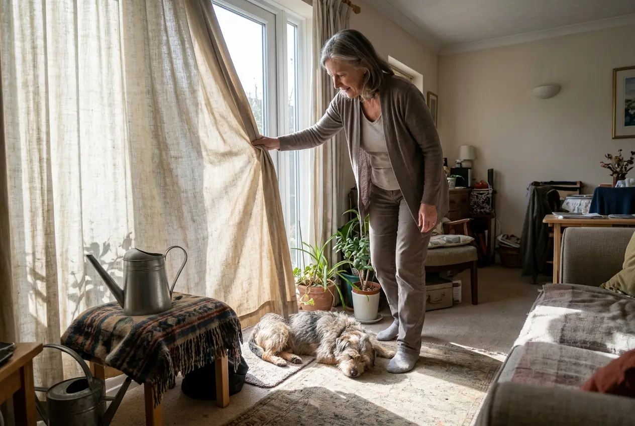 An older woman opens the curtains as her dog sleeps on a sunny sitting-room floor.