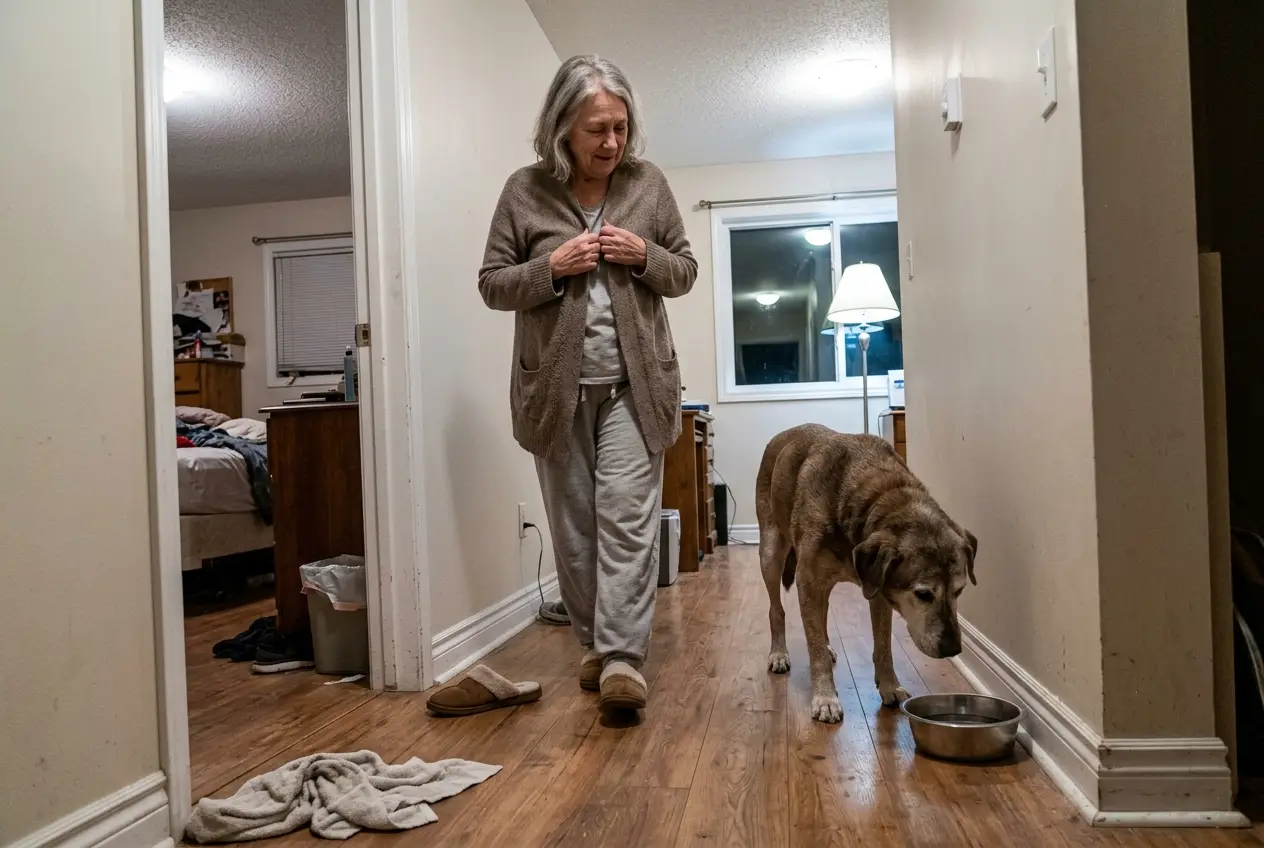 An older woman follows her dog from the bedroom to his water bowl at night.