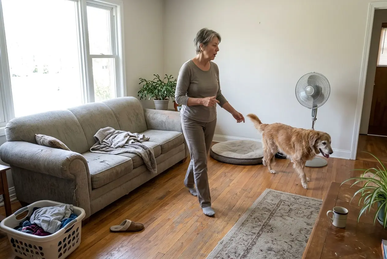An older woman watches her panting dog pace across a cool living room.