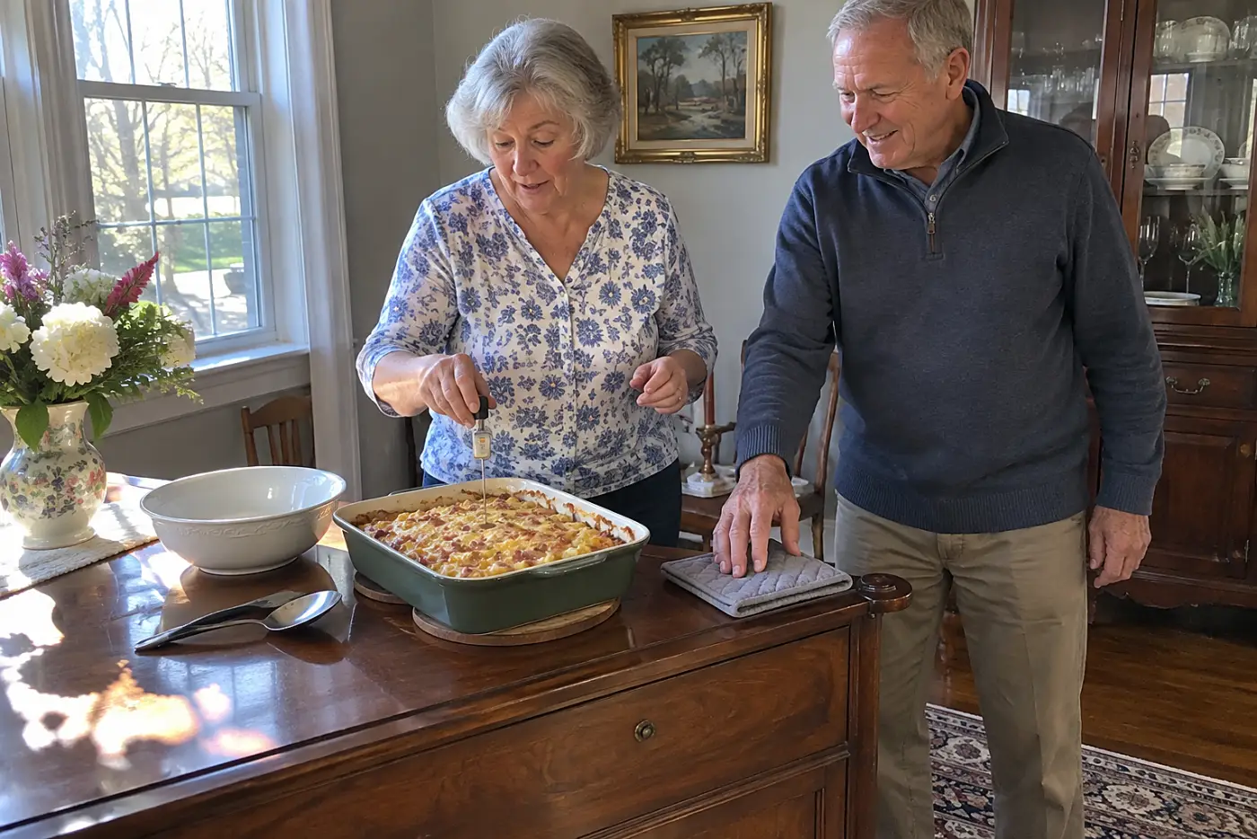 Woman checks a ham and potato casserole with a thermometer at a dining-room sideboard.