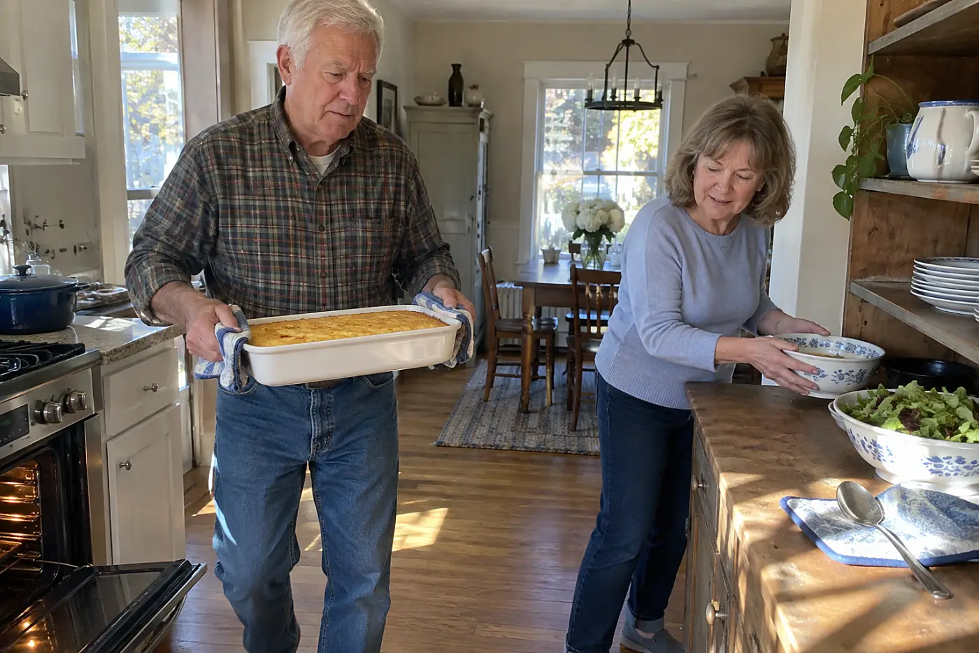 Older man carries corn pudding from an oven to a nearby serving shelf.