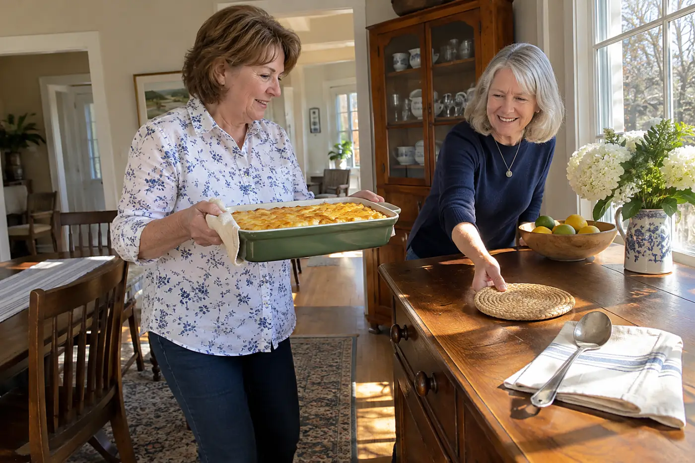 Woman lifts a baked dish of cheddar potatoes onto a dining-room sideboard.