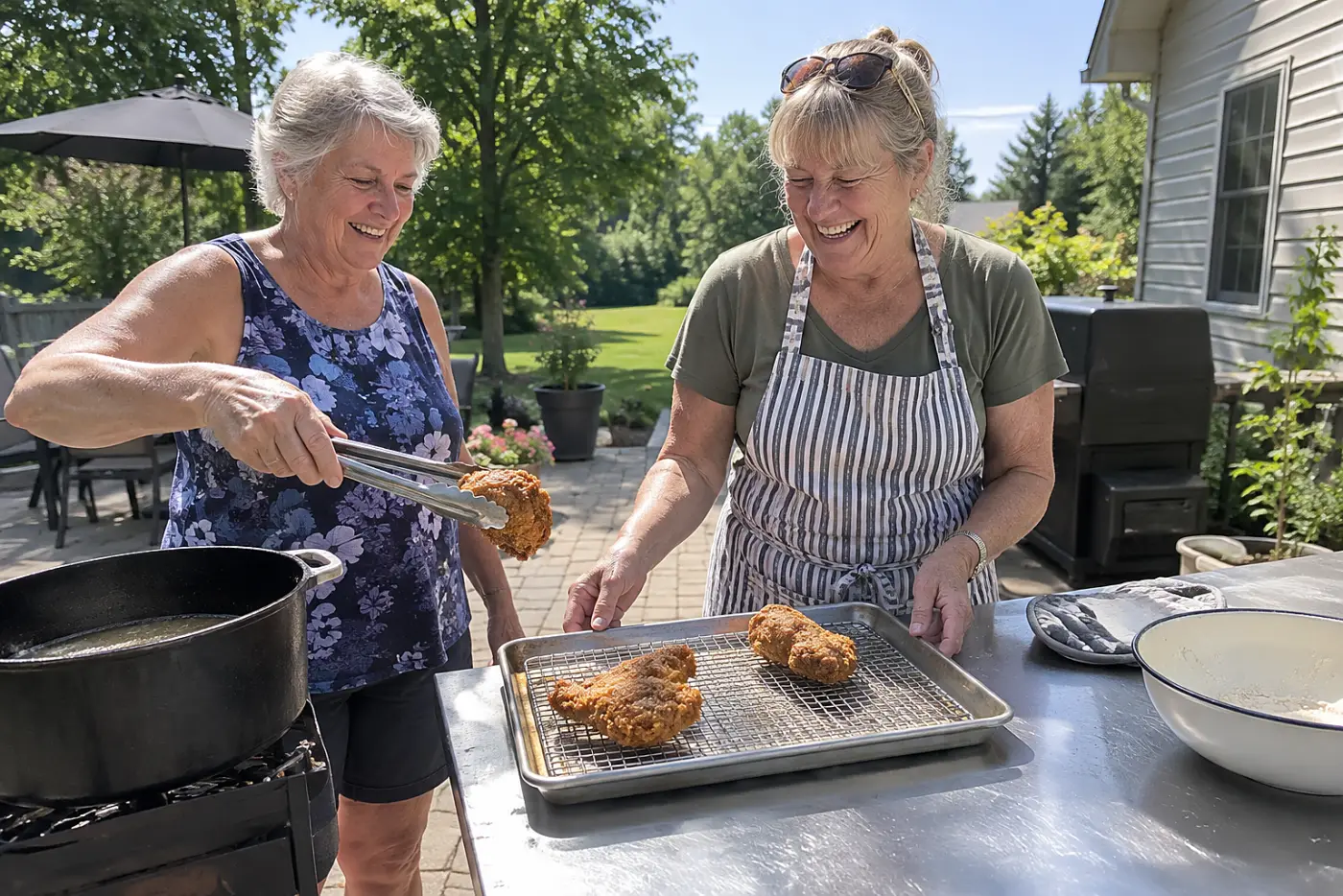Woman drains fried chicken on a rack at an outdoor cooking station.