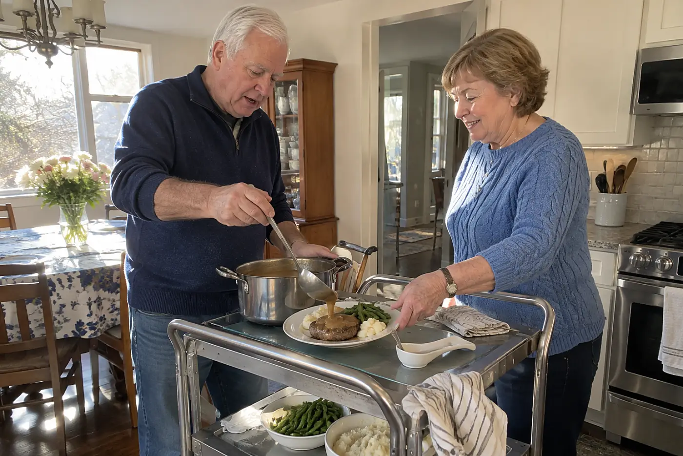 Older man spoons mushroom gravy over Salisbury steak at a serving cart.