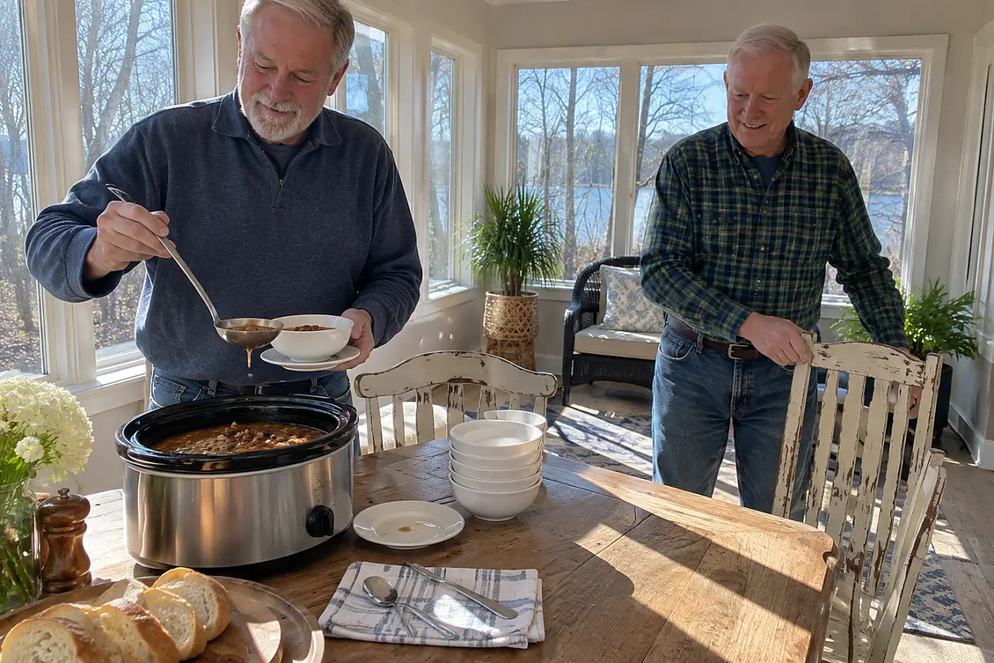 Older man ladles ham and black-eyed pea soup from a slow cooker in a sunroom.