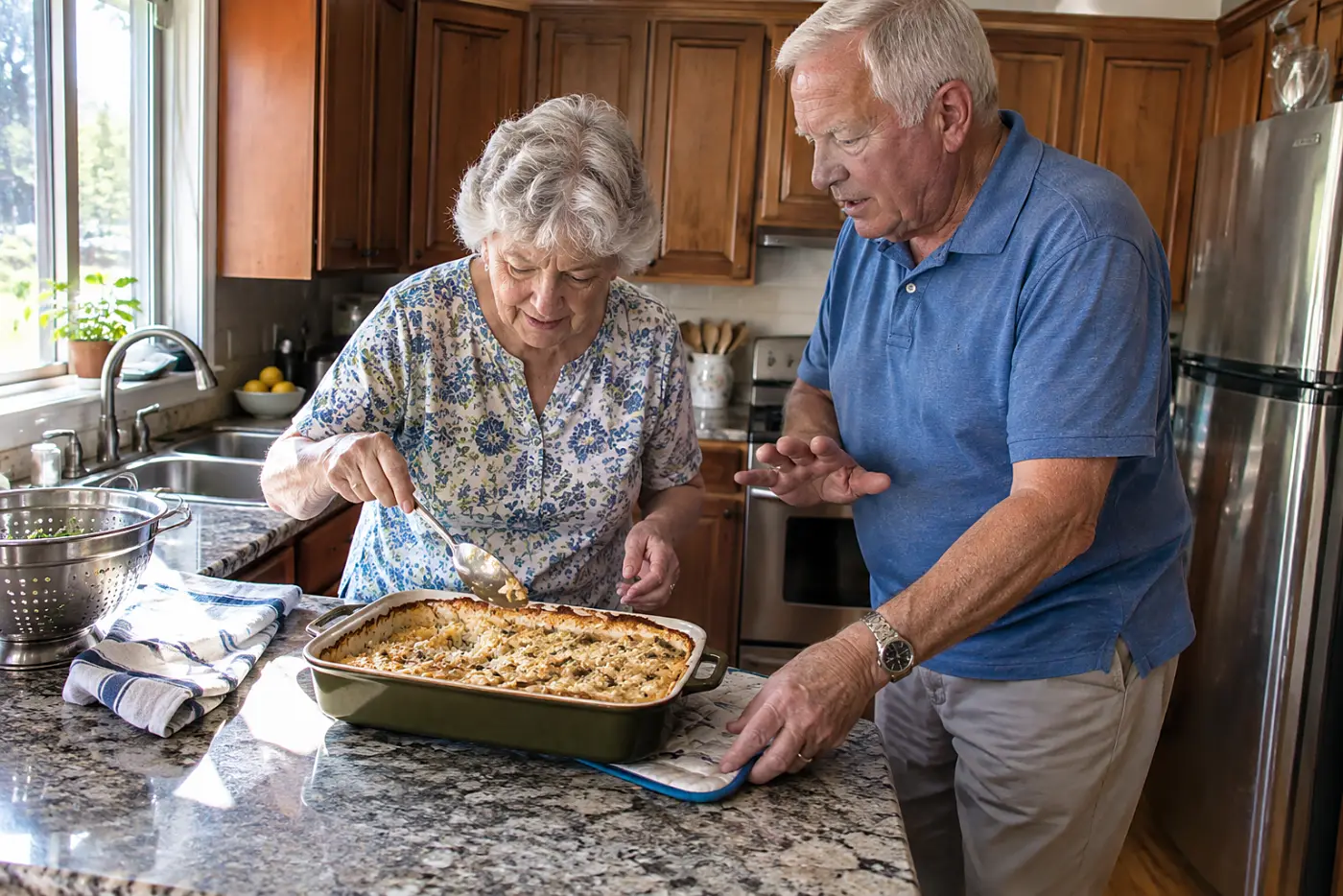 Woman checks the center of a chicken and rice casserole on a kitchen counter.