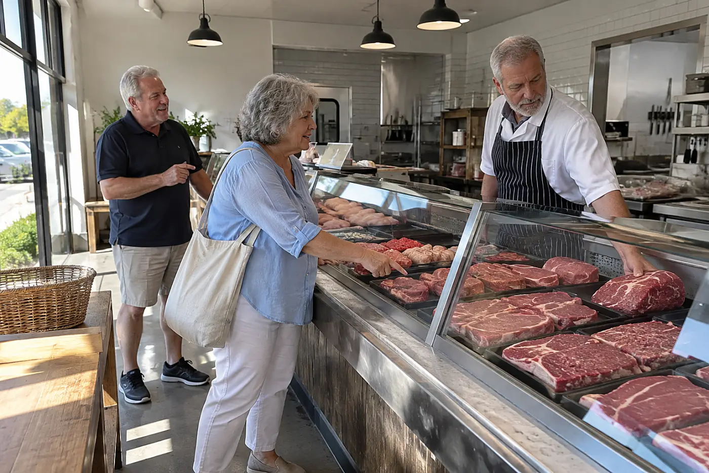 Woman points to a chuck roast while speaking with a butcher at a meat counter.