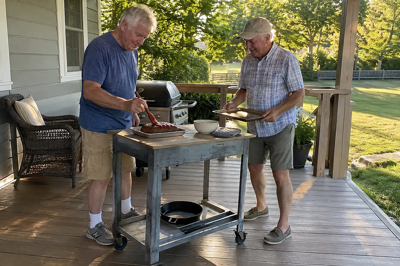 Older man brushes ketchup over a meatloaf on a porch prep cart.