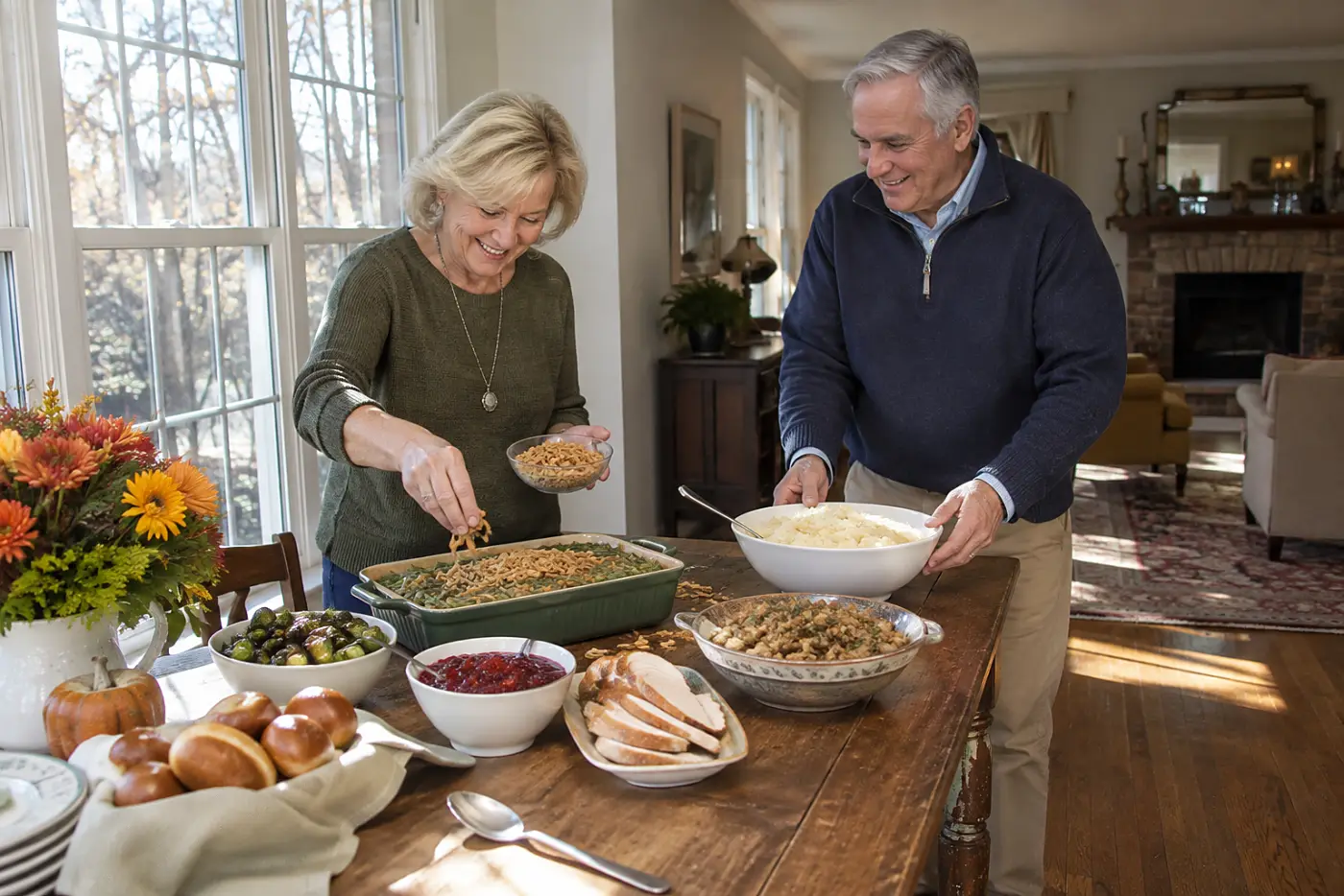 Woman adds crispy onions to green bean casserole at a holiday buffet.