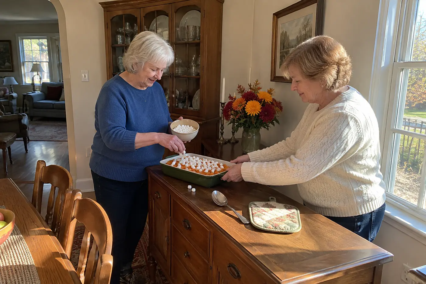 Older woman scatters marshmallows over sweet potatoes at a dining-room sideboard.