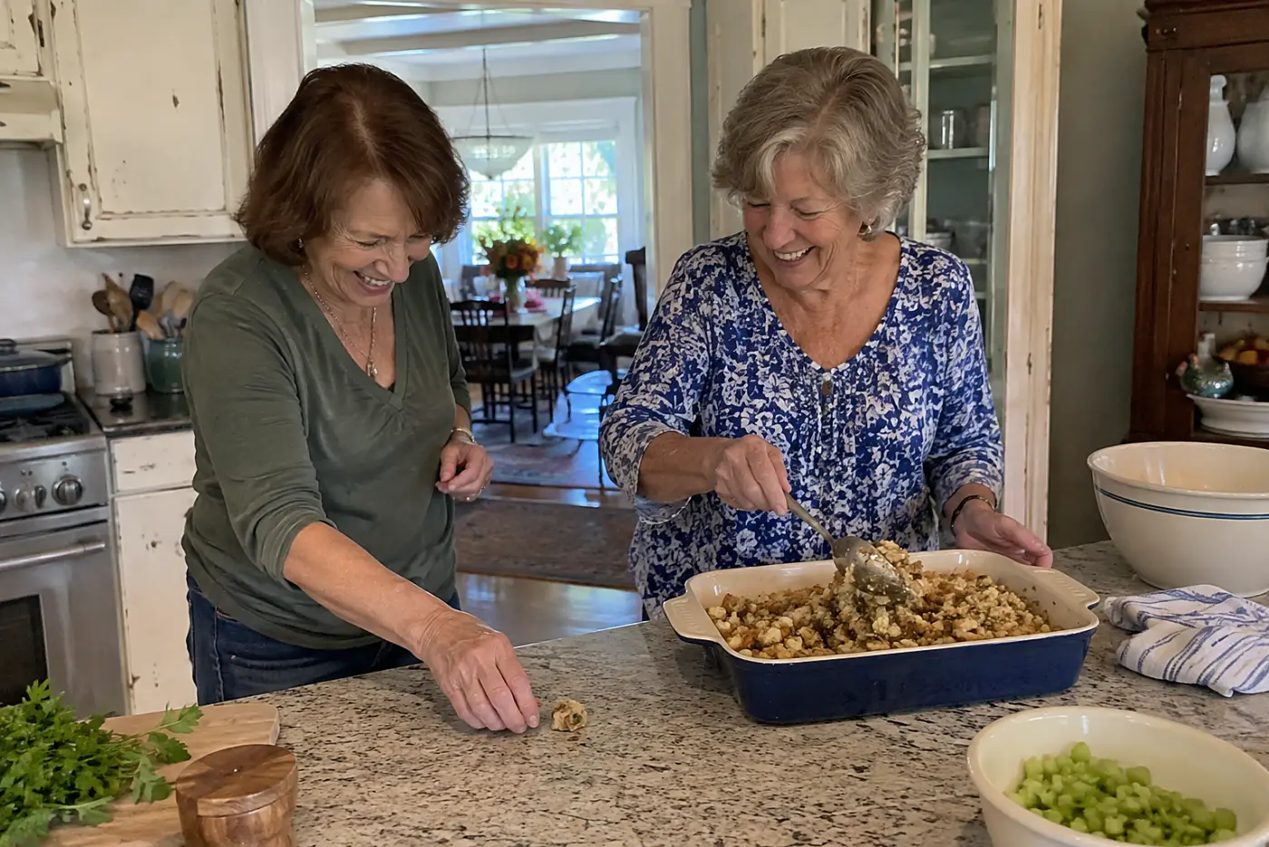 Woman spoons bread stuffing into a baking dish at a pantry counter.