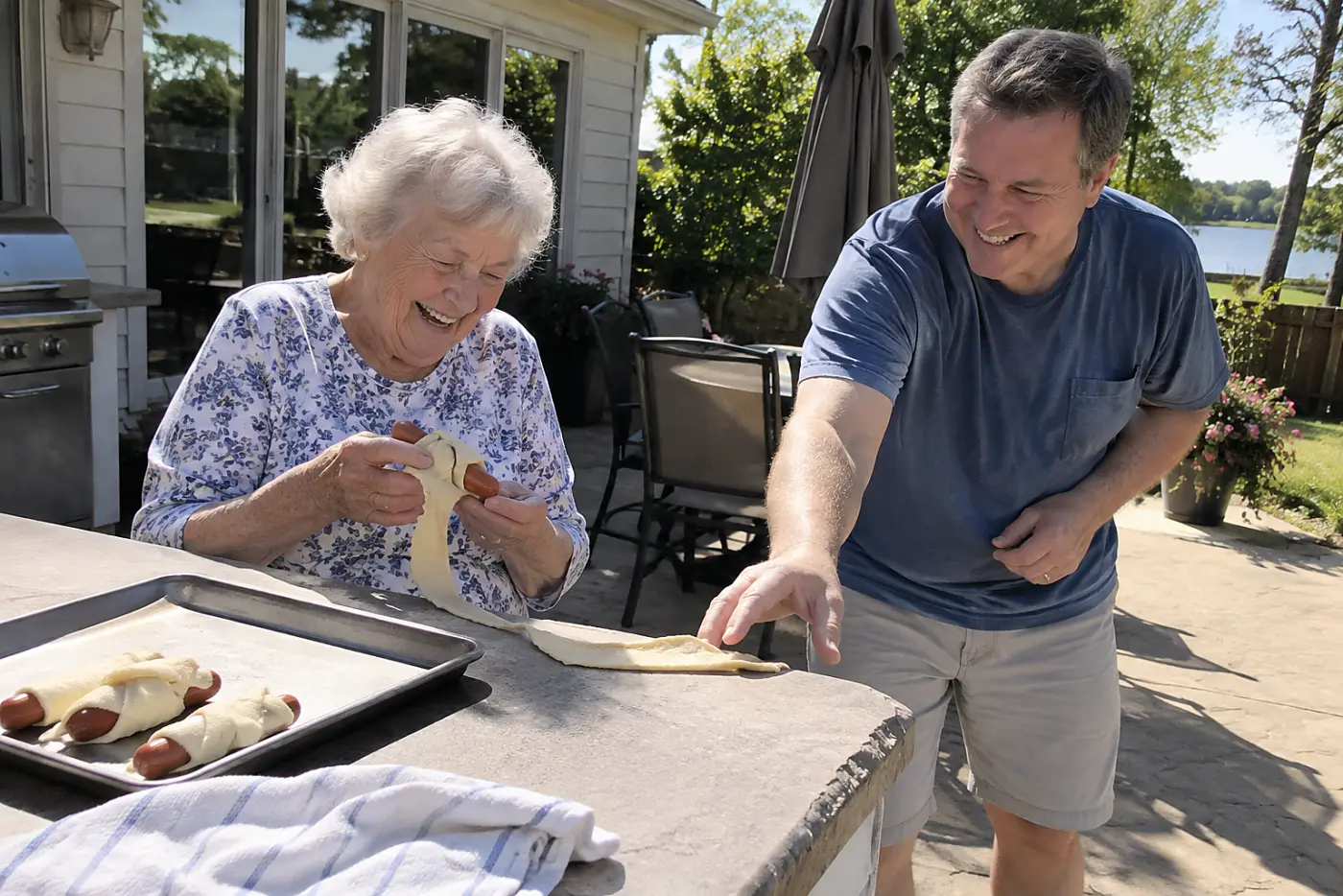 Grandmother wraps a hot dog in crescent dough beside her grandson at a patio counter.