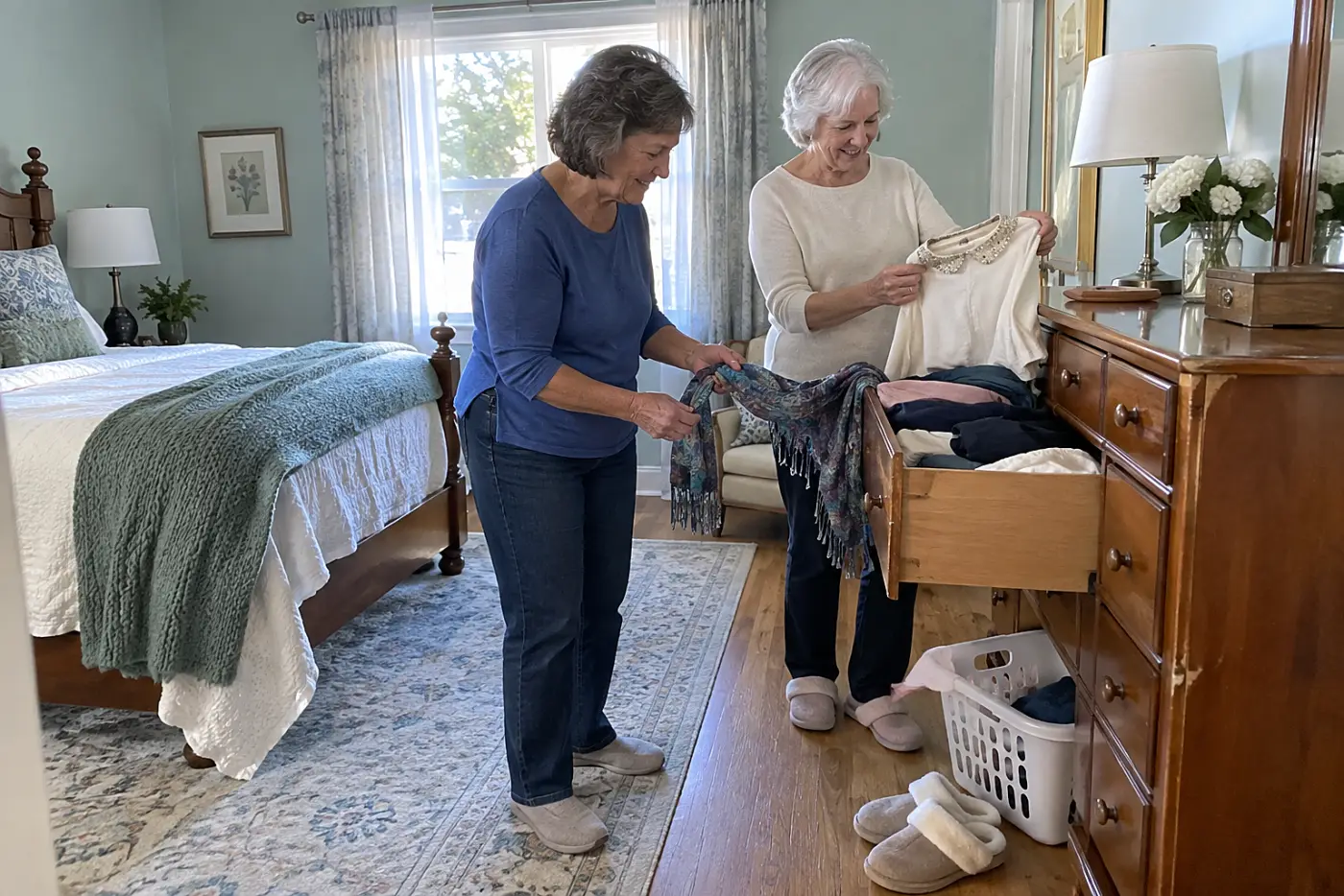 An older woman opens a dresser drawer and lifts out a collar.