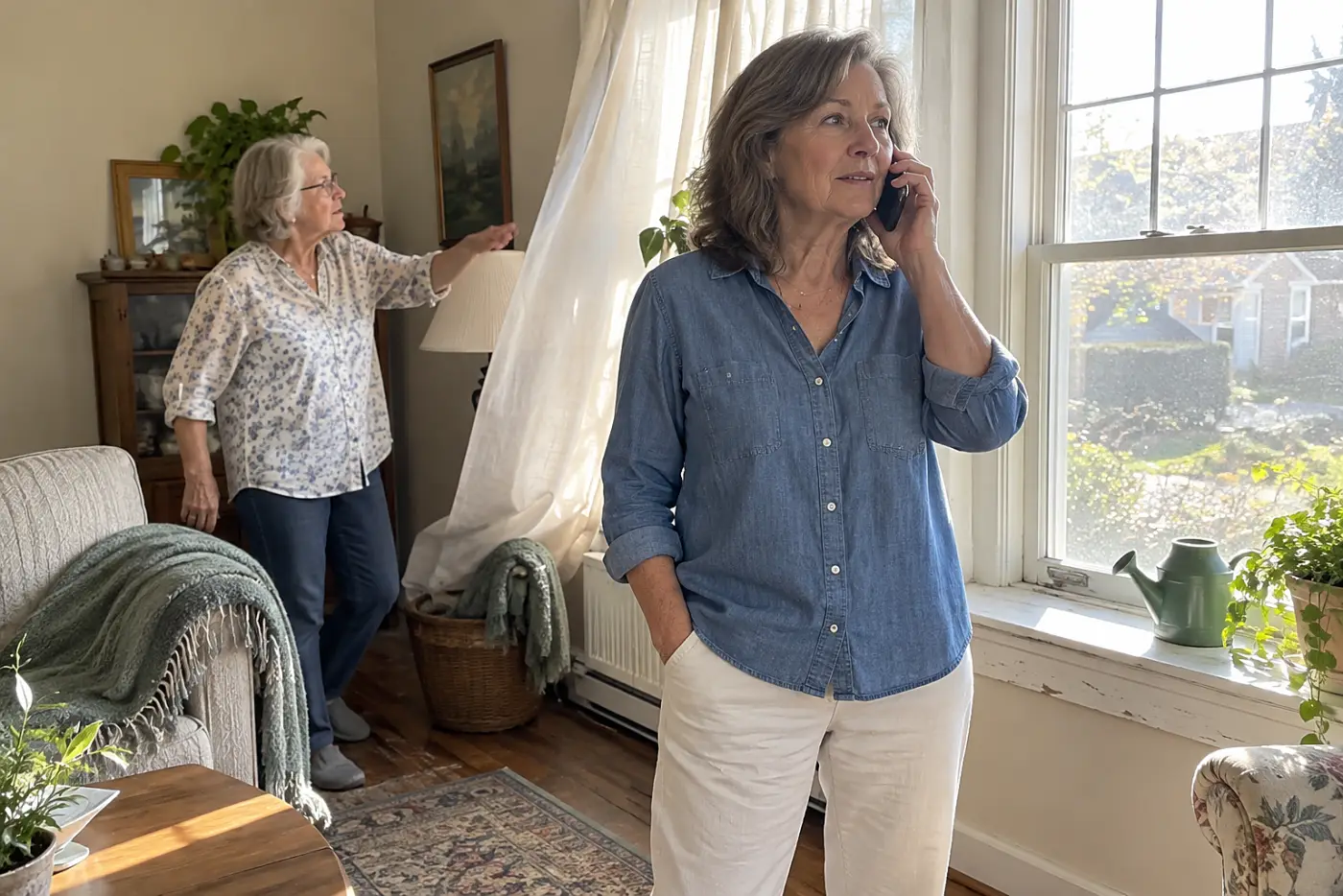 An older woman speaks on the phone while standing by the window of her living room.