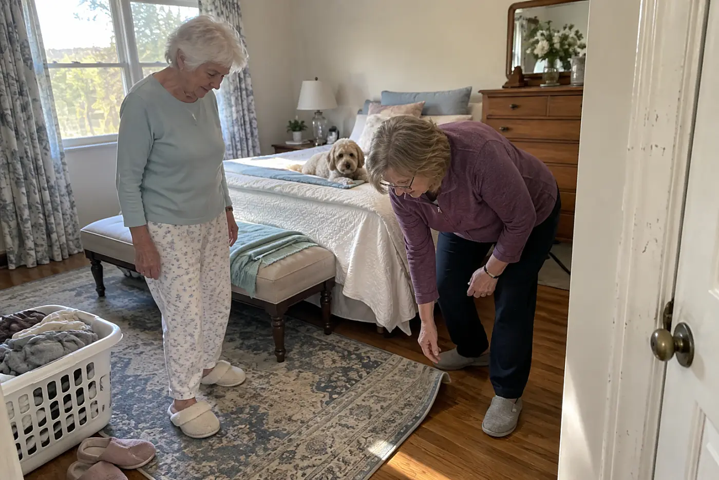 An older woman stands beside her bed and looks down at a rug near the door.